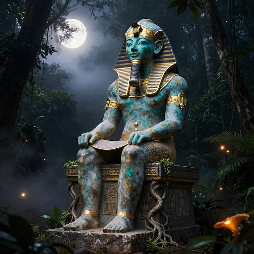 Ancient Ptah Statue in Jungle at Night
