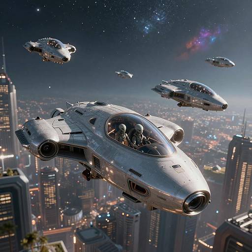 CGI image of futuristic silver spacecraft flying over a neon-lit cityscape at night, with six smaller spacecraft in the background.