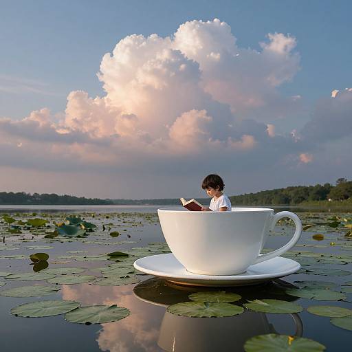 Photograph of a young girl with short black hair, wearing a white shirt, reading a book inside a giant white teacup on a lily