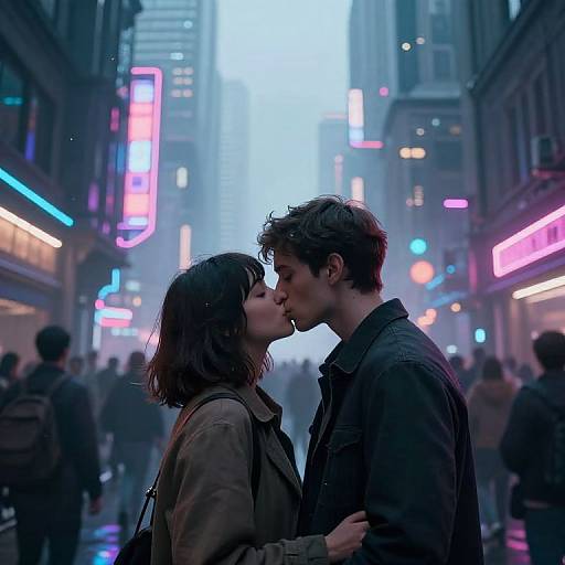Digital art: Romantic kiss between a brunette woman and curly-haired man in a neon-lit, crowded urban street at dusk.