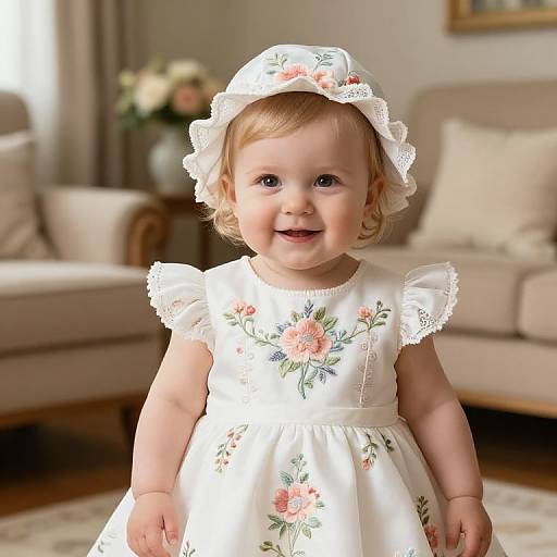 Photograph of a smiling, blonde baby girl in a white floral dress and matching bonnet, standing in a cozy, sunlit living room.