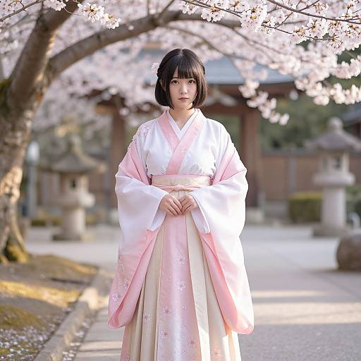 Photograph of a young Japanese woman with a black bob haircut, wearing a pink and white kimono, standing in a cherry blossom garden with traditional Japanese