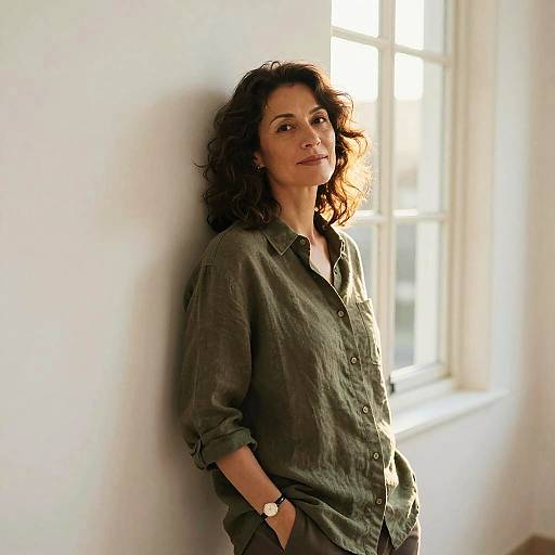 Photograph of a middle-aged woman with curly dark hair, wearing an olive green button-up shirt, leaning against a sunlit white wall by a window