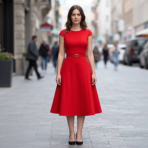 Photograph of a young woman with medium-length brown hair, wearing a vibrant red, knee-length dress with short sleeves and a belt, standing confidently on