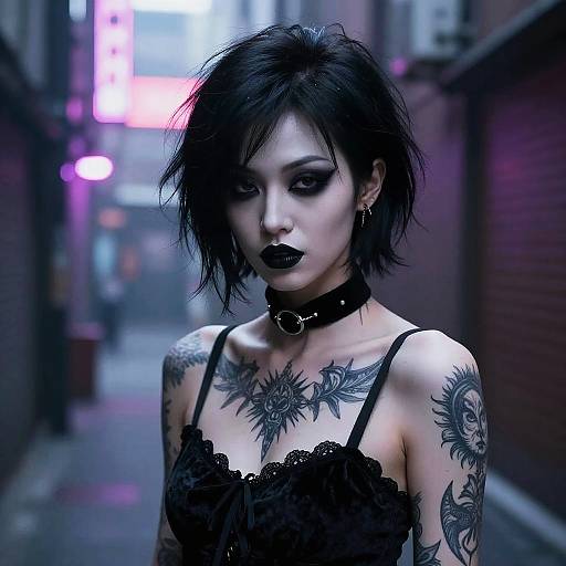 Gothic Woman in Neon-Lit Alley