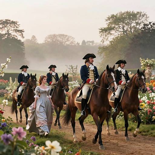 Photograph of a regal couple in 18th-century attire, accompanied by three elegantly dressed men on horses, walking through a vibrant, flower