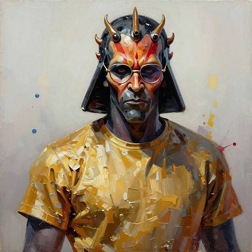 Digital painting of a muscular Black man wearing a horned mask, gold reflective shirt, and sunglasses, with abstract splashes on a white background.