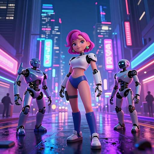 CGI cyberpunk scene: pink-haired girl in white crop top, blue shorts, and knee socks stands confidently between two robotic guards, neon-lit