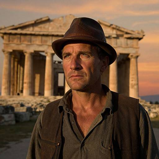 Weathered Wanderer Amid Tranquil Ruins