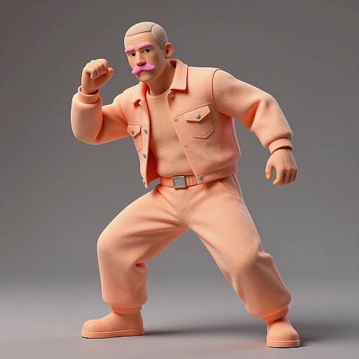 CGI cartoon man with pink mustache, bald head, wearing pink jacket, pants, belt, and boots, in fighting stance, gray background.