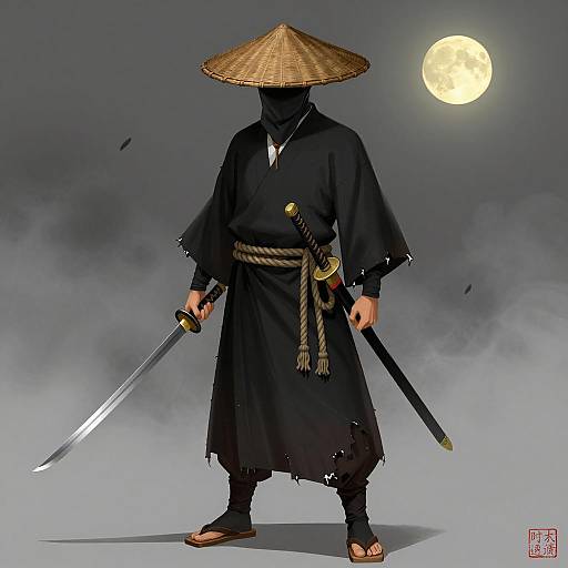 Samurai Warrior with Straw Hat and Swords