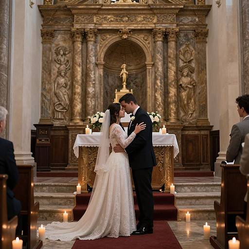 Photograph of a bride in a white lace gown and veil, kissing a groom in a black suit at an ornate, candlelit church altar.