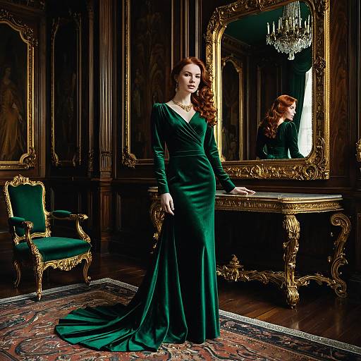 Elegant Woman in Emerald Velvet Gown in Opulent Interior