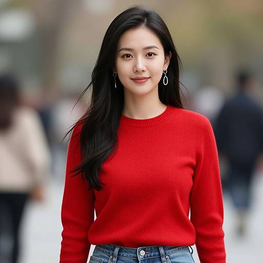 Photograph of an Asian woman with long black hair, wearing a bright red sweater and blue jeans, standing in a blurred urban background with people. She