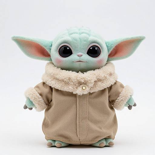 Photograph of a cute, blue, cartoonish creature with large black eyes, pink inner ears, and wearing a beige, fur-trimmed coat