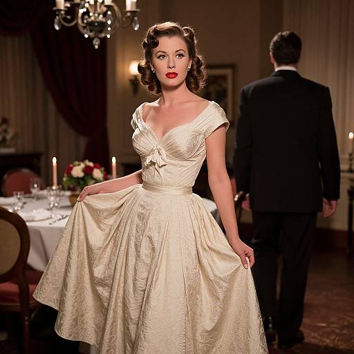 Vintage photograph of a fair-skinned woman with red lipstick, wearing a cream, textured, 1950s-style ball gown, standing in a dim