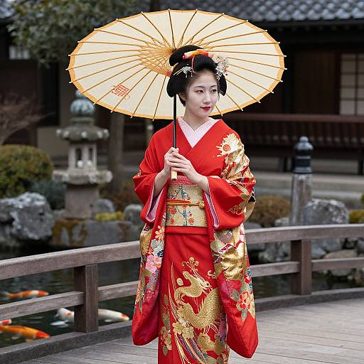 Photograph of a Japanese woman in a red and gold kimono, holding a yellow paper parasol, standing on a wooden bridge by a traditional garden