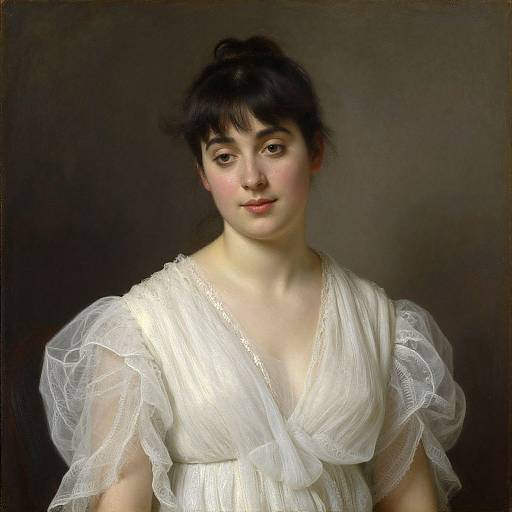 Portrait of a young woman with fair skin, black hair, and soft expression, wearing a white, sheer, Victorian-style dress, against a dark background