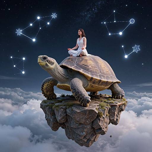 Digital artwork of a woman in a white dress sitting on a giant turtle atop a floating rock, surrounded by stars and clouds.