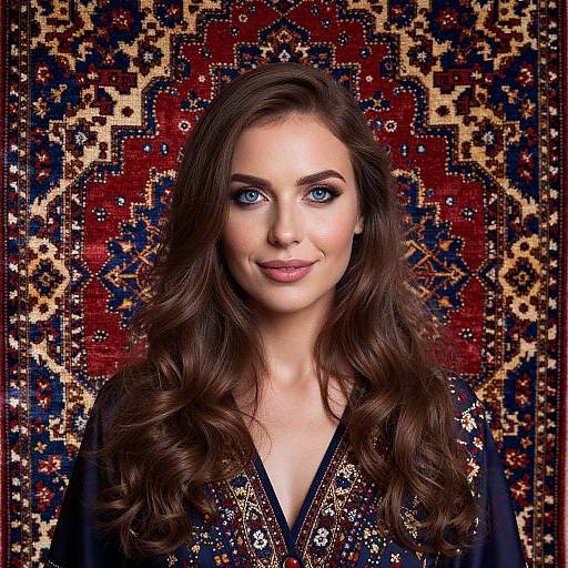 Photograph of a fair-skinned woman with long, wavy brown hair and striking blue eyes, wearing a dark, ornately embroidered top, against