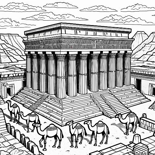 Ancient Egyptian Temple with Camels Coloring Page