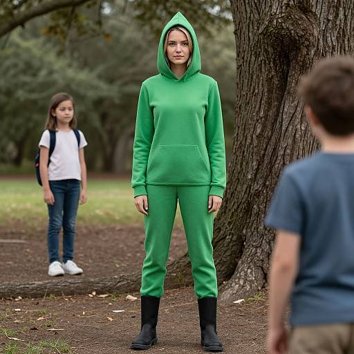 Photograph of a serious young woman in a green hooded sweatshirt and pants, standing in a park, with two children in the background.