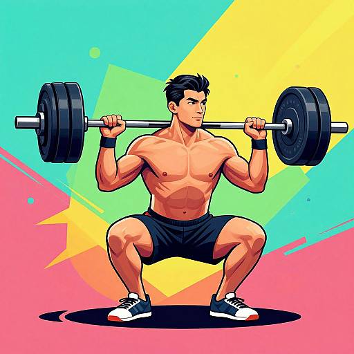 Colorful digital illustration of a muscular, shirtless man with short black hair squatting with a heavy barbell, wearing black shorts and white sneakers,