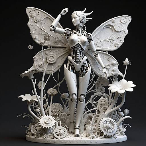 Photograph of a white, intricately detailed, steampunk fairy sculpture with mechanical wings, gears, and flowers, standing against a black background.