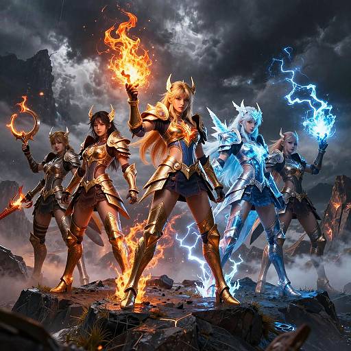 Digital art: Four fierce, armored female warriors with fiery and electric powers, standing on rocky terrain under a stormy, dark sky.