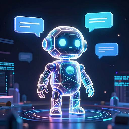 Neon-lit, glowing blue and white robot with large circular eyes, standing on a circular platform, surrounded by floating speech bubbles in a dark,