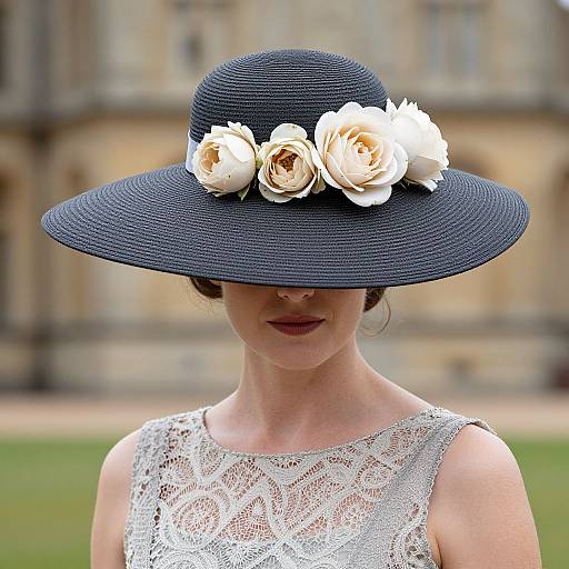 Photograph of a woman wearing a black wide-brimmed hat adorned with white roses, lace white dress, against a blurred stone building background.