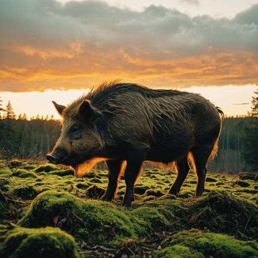 Wild Boar at Sunset in Forest