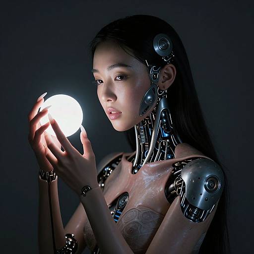 Photorealistic CGI of an Asian woman with cybernetic enhancements, holding a glowing orb, dark background, metallic arm and shoulder joints.