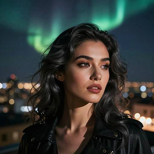 Photorealistic Nightscape with Northern Lights Woman