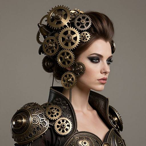 Photograph of a pale-skinned woman with dark brown, voluminous hair adorned with intricate brass gears. She wears a black, steampunk-inspired