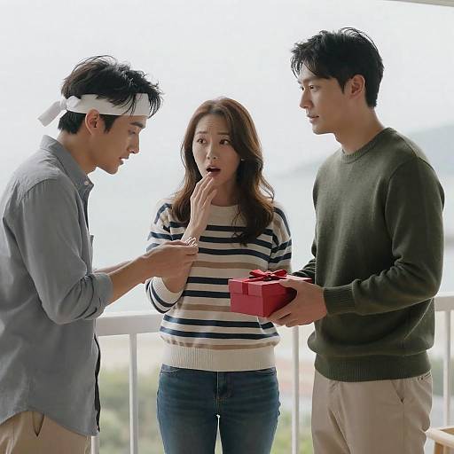 Surprised Woman Receiving Gift on Balcony