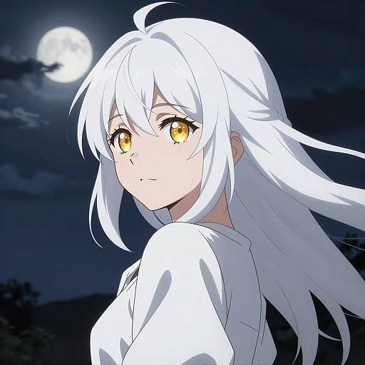 Anime-style digital drawing of a white-haired girl with golden eyes, looking back over her shoulder under a full moon in a dark night sky.