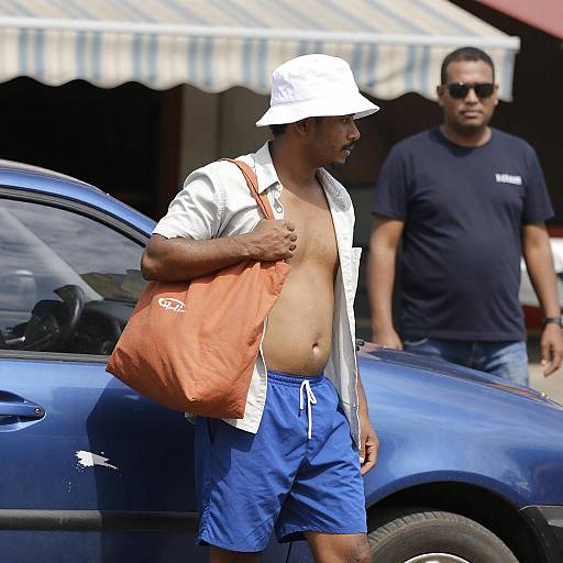 Man with Bucket Hat by Blue Car