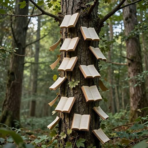 Photograph of a tree in a forest with numerous open, yellowed books attached to its trunk, surrounded by green foliage and tall trees.