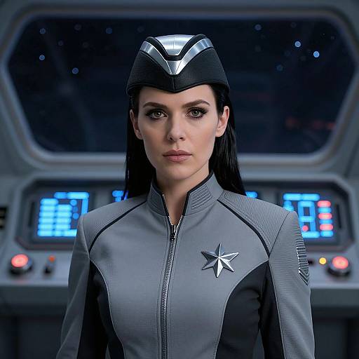 CGI image of a serious-faced woman with long black hair, wearing a gray and black Starfleet uniform with a silver star insignia, and a