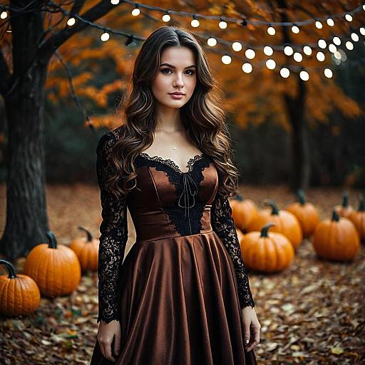 Young woman in brown satin Halloween dress with pumpkins