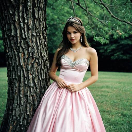 Young Woman in Pink Prom Dress with Tiara Outdoors
