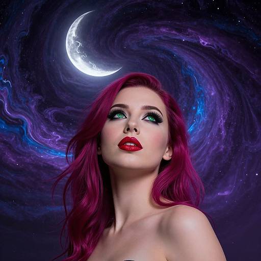 Digital art of a pale-skinned woman with vibrant red hair, green eyes, and red lipstick, gazing upward at a glowing crescent moon against