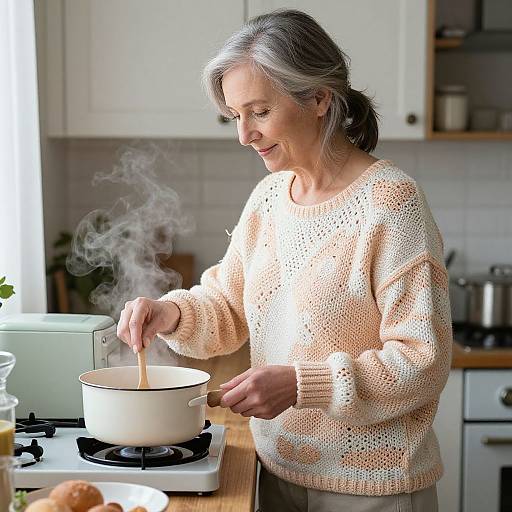 Photograph of an elderly woman with gray hair, wearing a beige knit sweater, stirring a white pot on a stove, with steam rising. Bright kitchen