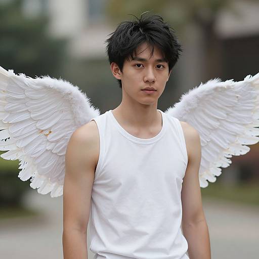 Photograph of an Asian teenage boy with black, messy hair wearing a white tank top and large, white feathered angel wings, standing outdoors with a