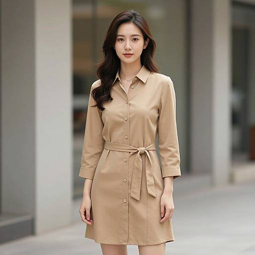 Photograph of an East Asian woman with long black hair, wearing a beige belted trench dress, standing in a modern urban street.