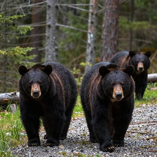 Three Black Bears Walking in Forest