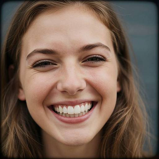Close-up photograph of a smiling young woman with light skin, brown hair, and white teeth, set against a blurred blue background.
