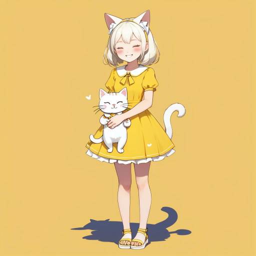 Girl and Cat in Yellow Dress