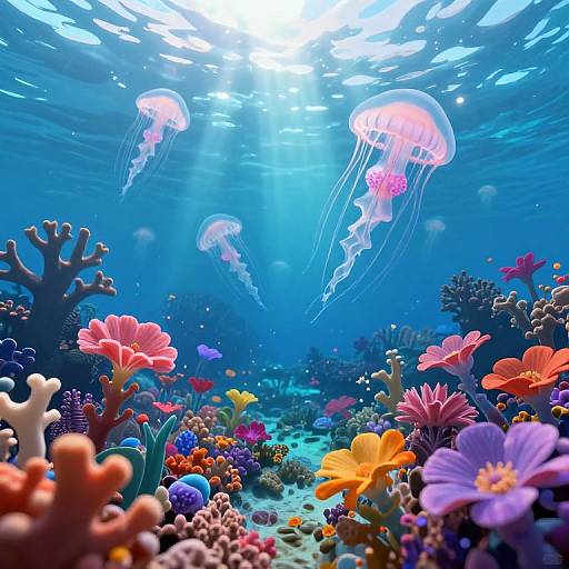 Vibrant underwater photograph of colorful coral reef, featuring pink and purple jellyfish, vivid flowers, and diverse marine life, bathed in sunlight filtering